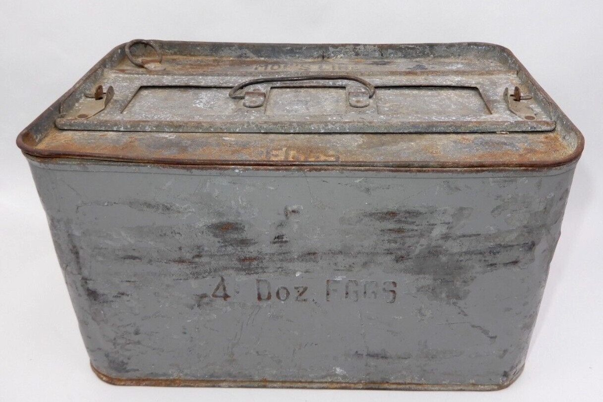 ANTIQUE 4 DOZEN EGG CARRIER MOE'S LINE HOEFT FARM DAIRY CHICAGO GALVANIZED STEEL