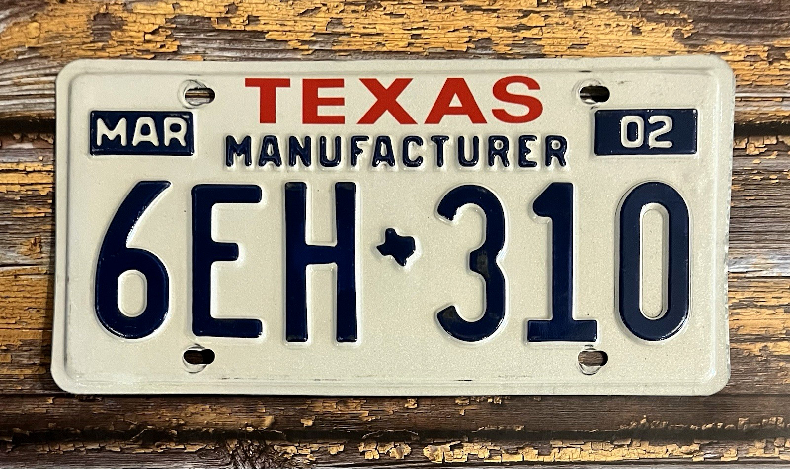 2002 Texas Manufacturer License Plate 6EH-310 w/Original Packing Slip