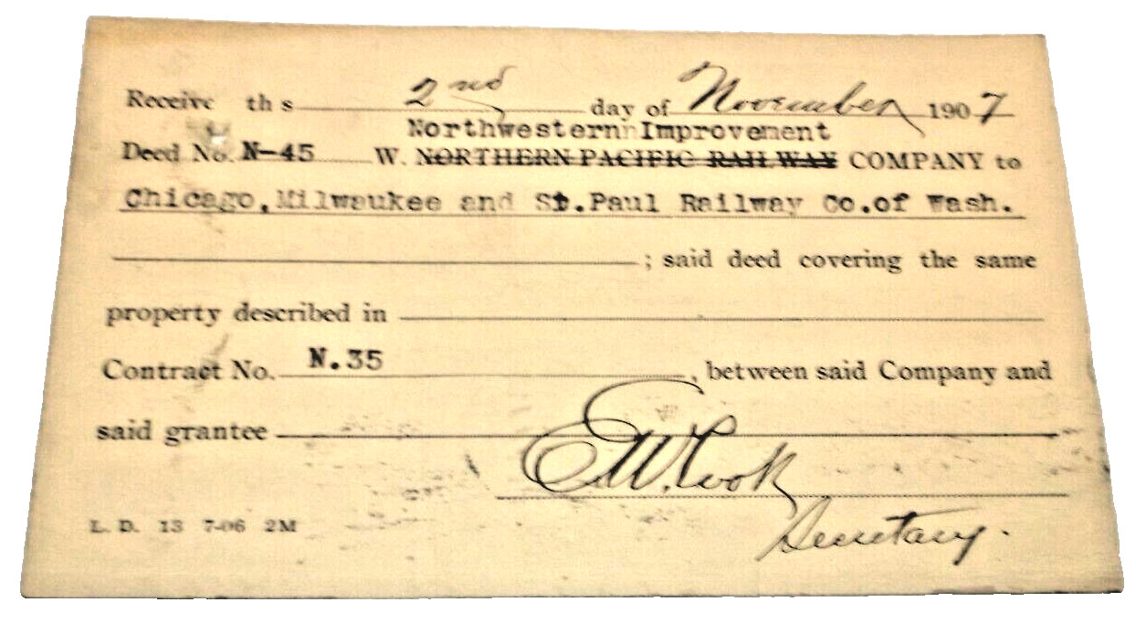MARCH 1904 NORTHERN PACIFIC RAILROAD SEATTLE WASHINGTON LAND DEED POST CARD