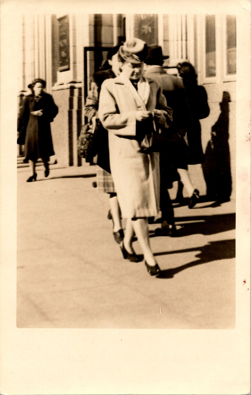 1949 Candid Woman Walking City Street Winter Fashion Snapshot RPPC