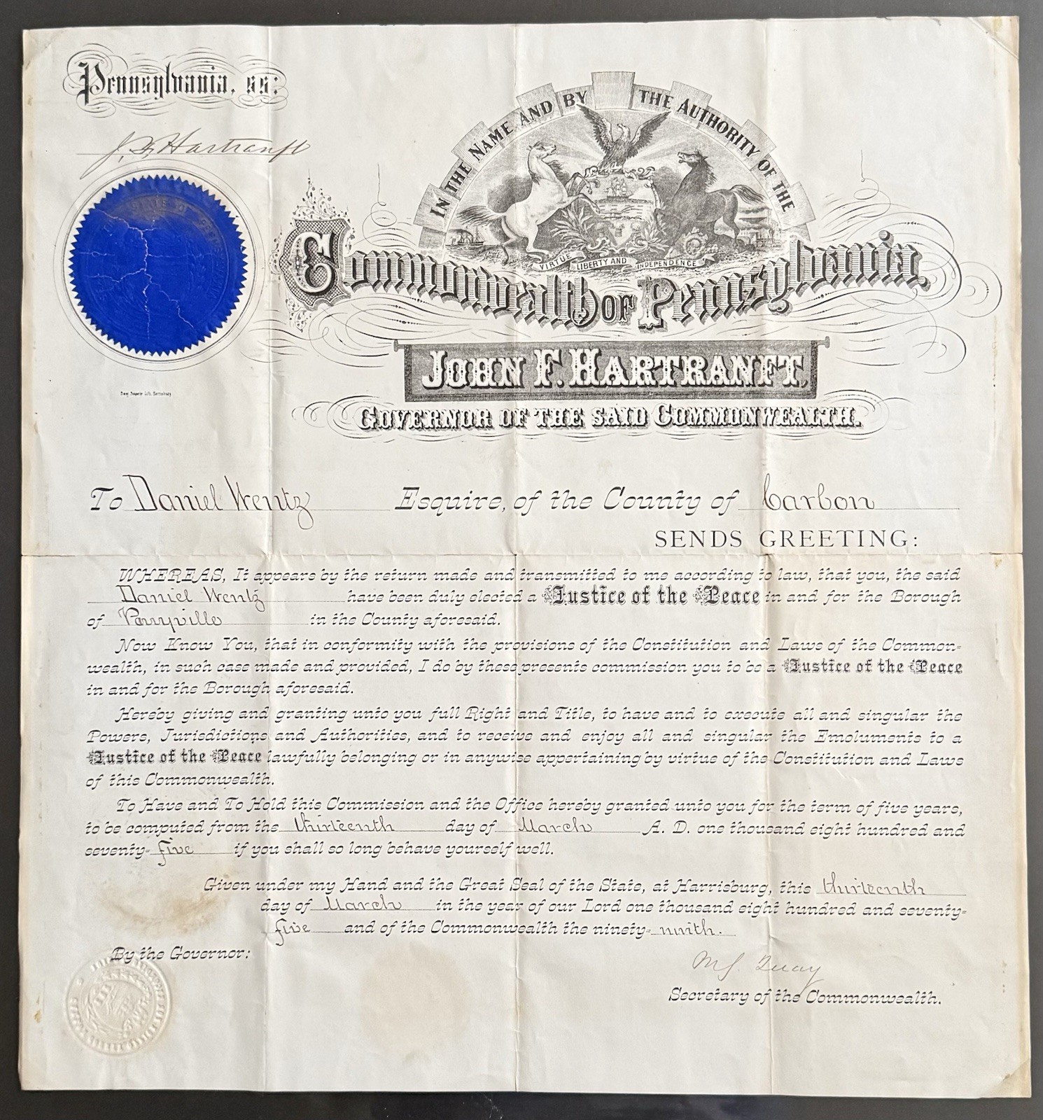 Elegant 1875 Pennsylvania Commission Signed By Governor