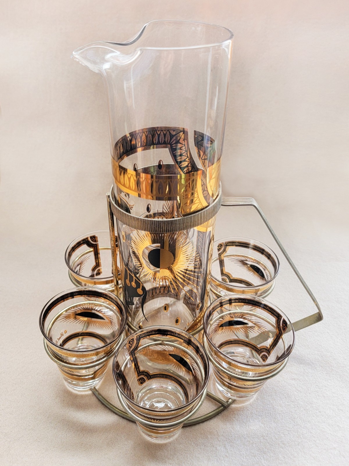 8 Pc MCM FRED PRESS Gold & Black Trojan Horse PITCHER 6 GLASSES & Caddy BAR Set