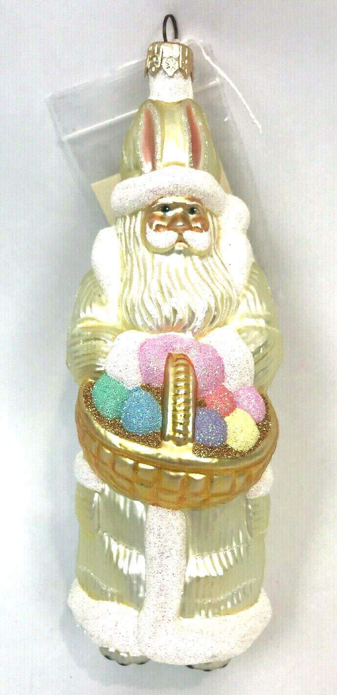 Vintage Patricia Breen Glass Christmas Ornament Santa Egg Basket Gold 7\