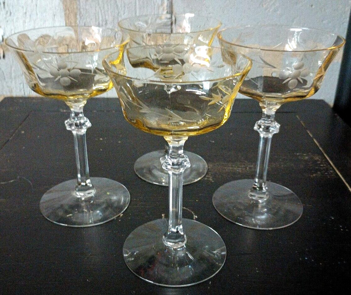 Antique Vintage Fostoria Yellow Topaz Etched Champagne Glass Sherbet Stem SET 4