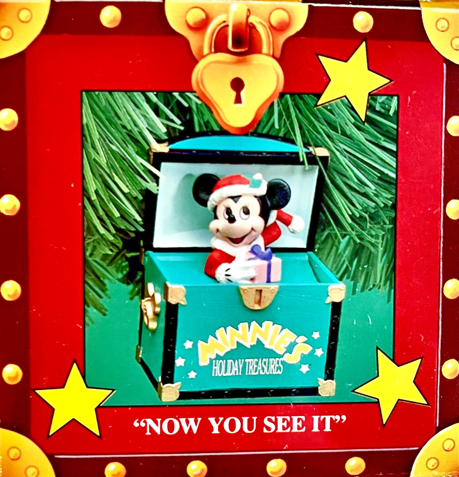 Enesco Minnie's Holiday Treasure Pop Up Ornament Now you see it Now you don't 
