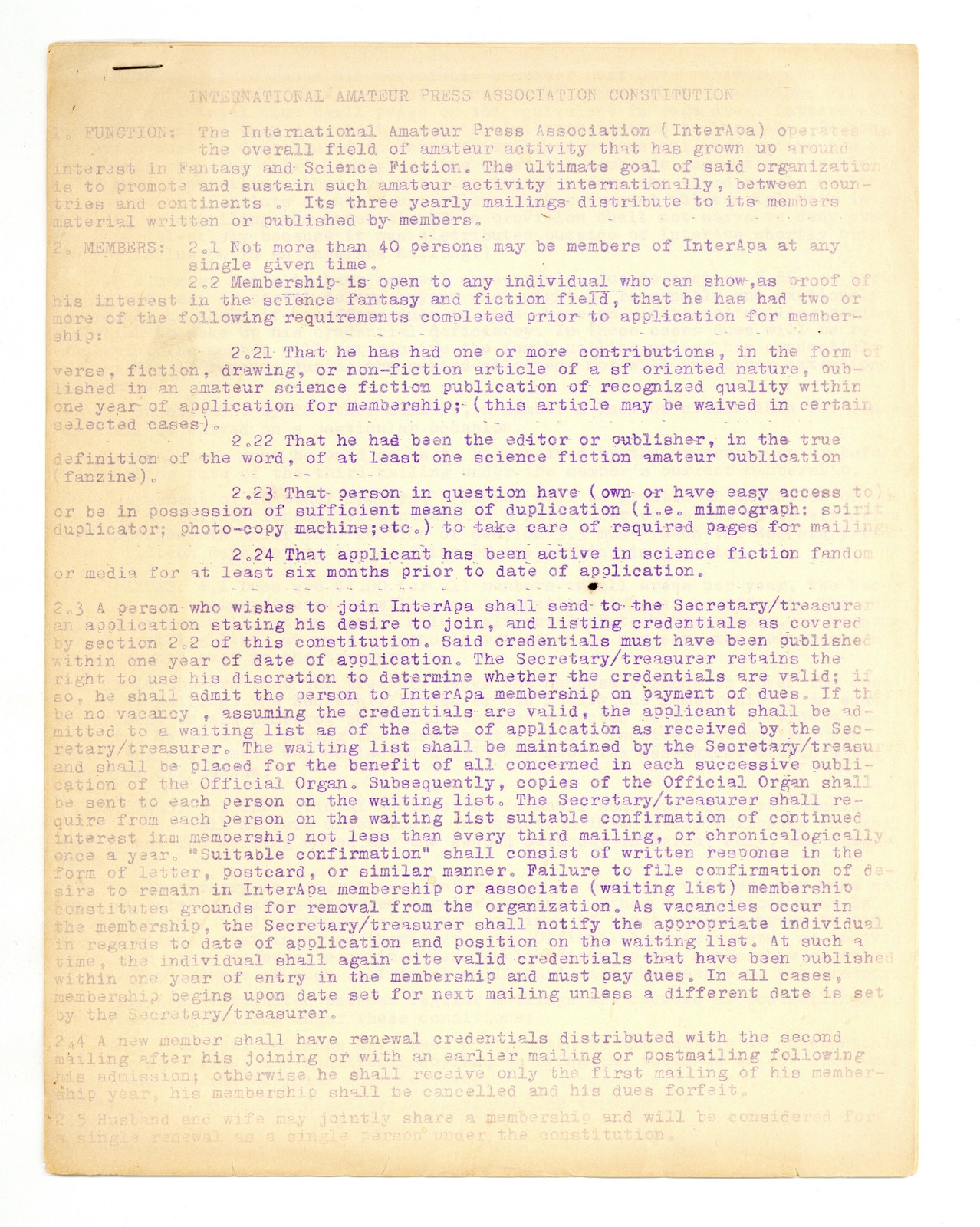 International Amateur Press Association Constitution Fanzine #1 VG/FN 5.0 1965