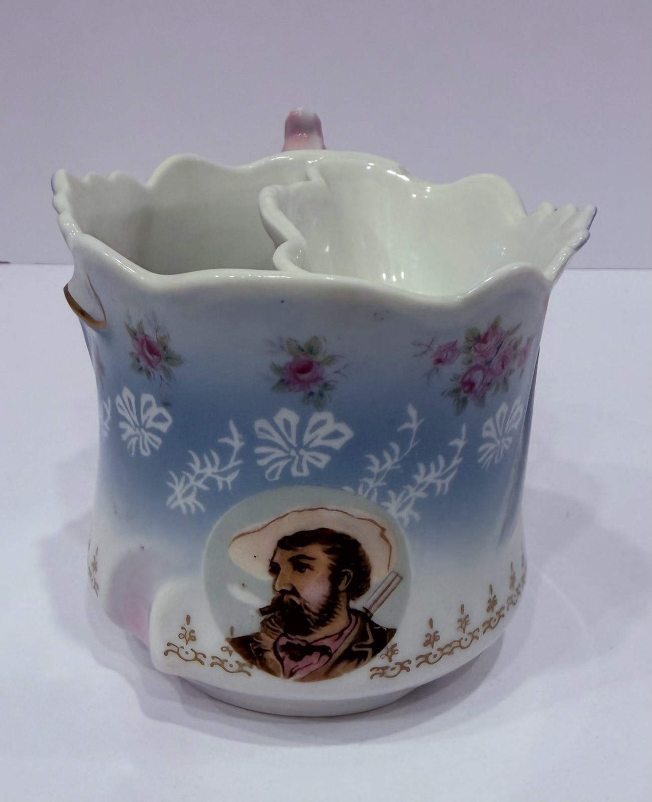 Antique Brandenburg Germany Porcelain Mustache Mug Beard Man Blue White