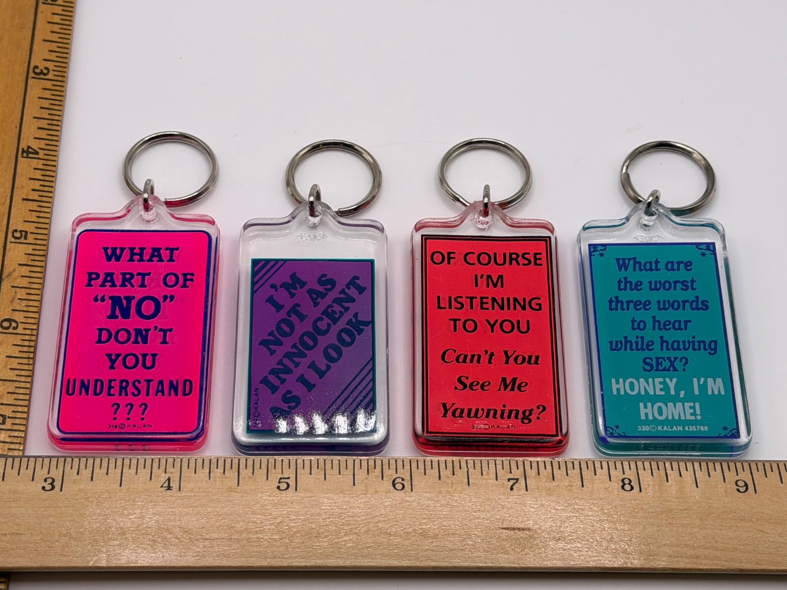 Vintage KALAN Lot of 4 Novelty Acrylic Keychains Humorous Double Sided Vintage KALAN Lot of 4 Novelty Acrylic Keychains Humorous Double Sided