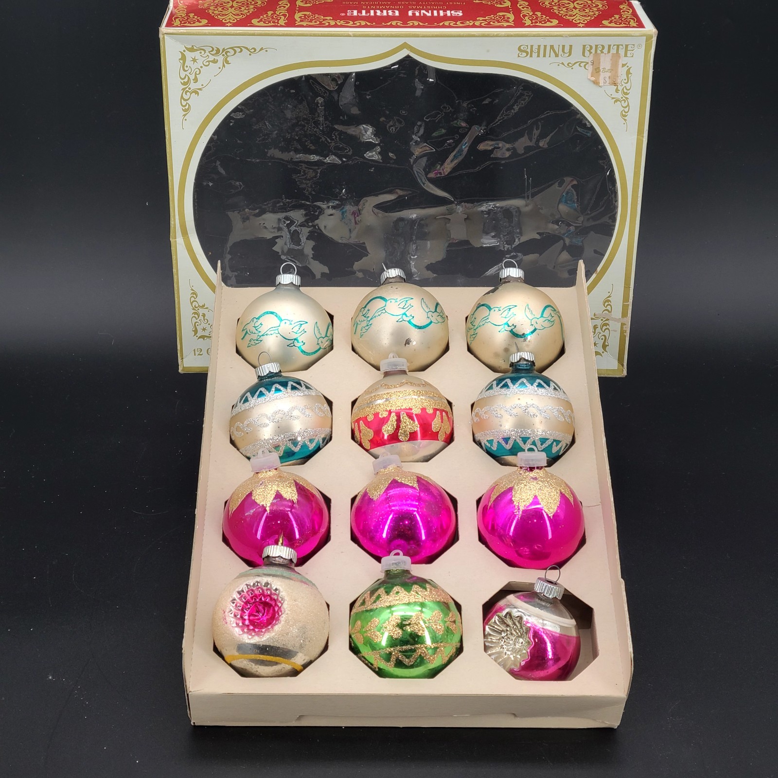 Vtg Shiny Brite Mixed Designs Mica Glass Christmas Ornaments Box 12 Indent