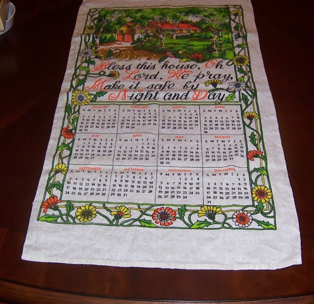 Vintage Hanging Tea Towel Calendar 1972 Bless This House Oh, Lord Make It Safe