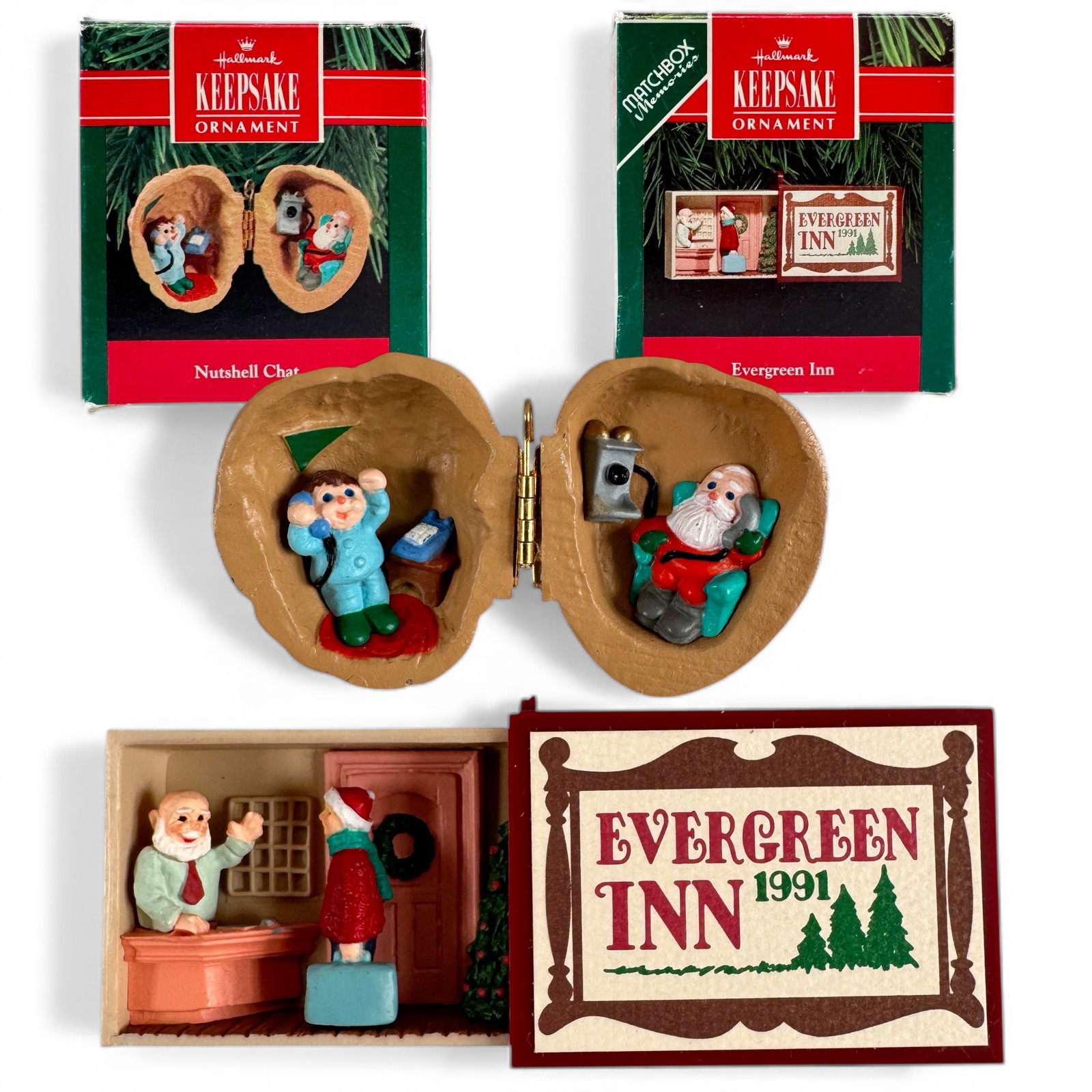 Hallmark Keepsake Ornaments 1990 Nutshell Chat & 1991 Evergreen Inn Set of 2 Vtg
