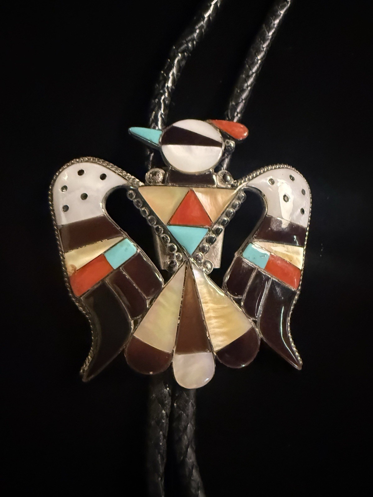 vintage BOBBY & CORRAINE SHACK Zuni THUNDERBIRD sterling MULTI GEM inlay BOLO