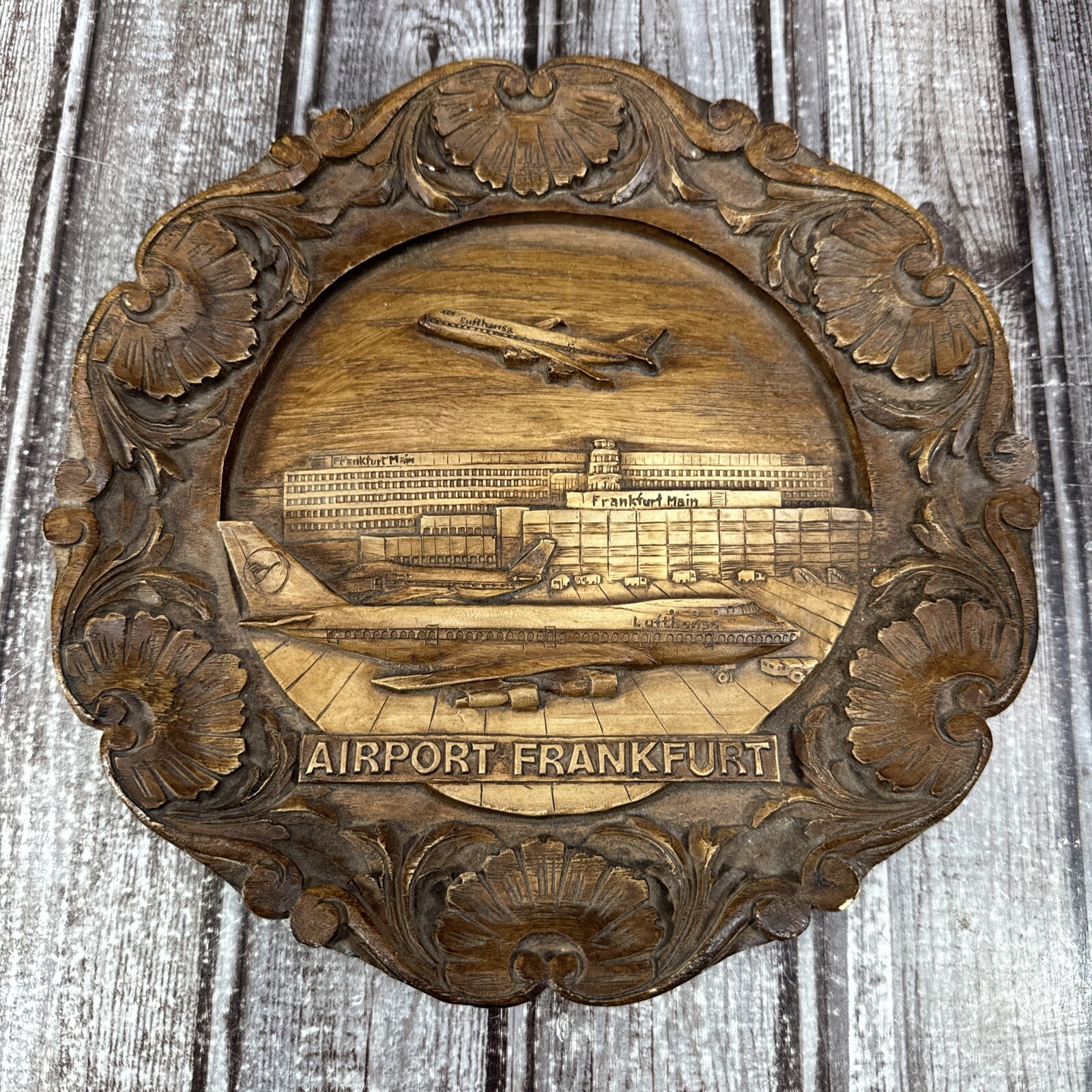Vintage Frankfurt Airport Wood Decorative Plate Lufthansa Germany