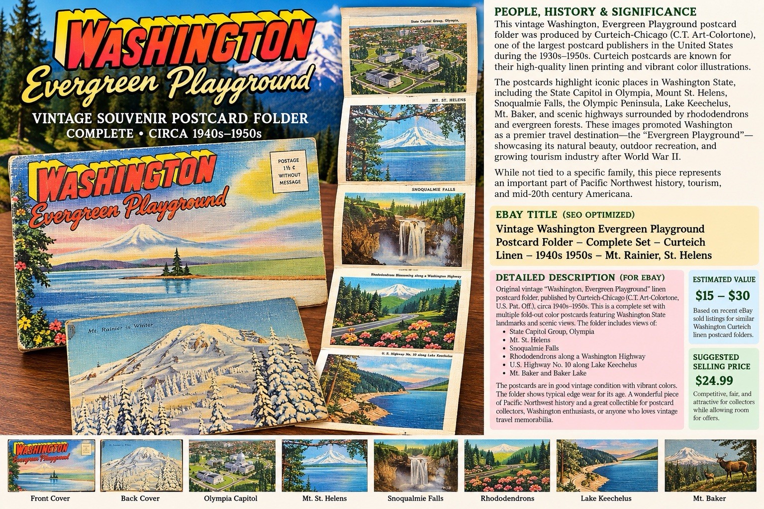 VTG Curteich Washington Evergreen Playground Linen Fold-Out Postcard Folder