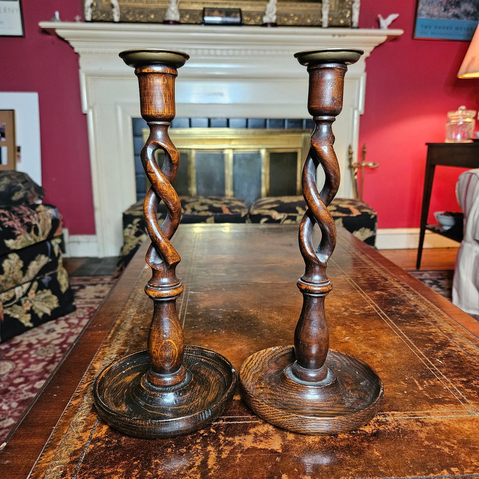 Pair Antique English Oak Open Barley Twist Candlesticks Brass Cups READ