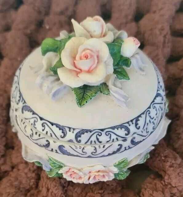 Vintage Music Trinket Jewelry Box Heart Shaped Ceramic Floral Roses