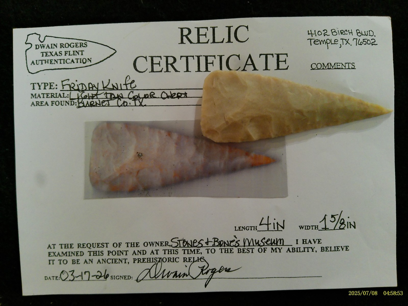 Papered Cent. Texas Friday Knife Arrowhead Prehistoric Blade *FREE SHIPPING PB57