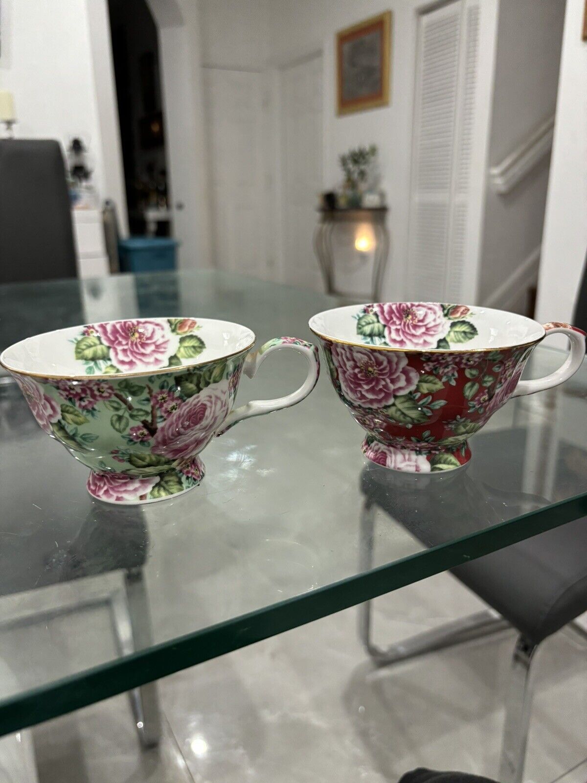 2 Edwardian Collection England Green  & Red Floral Chintz Teacup