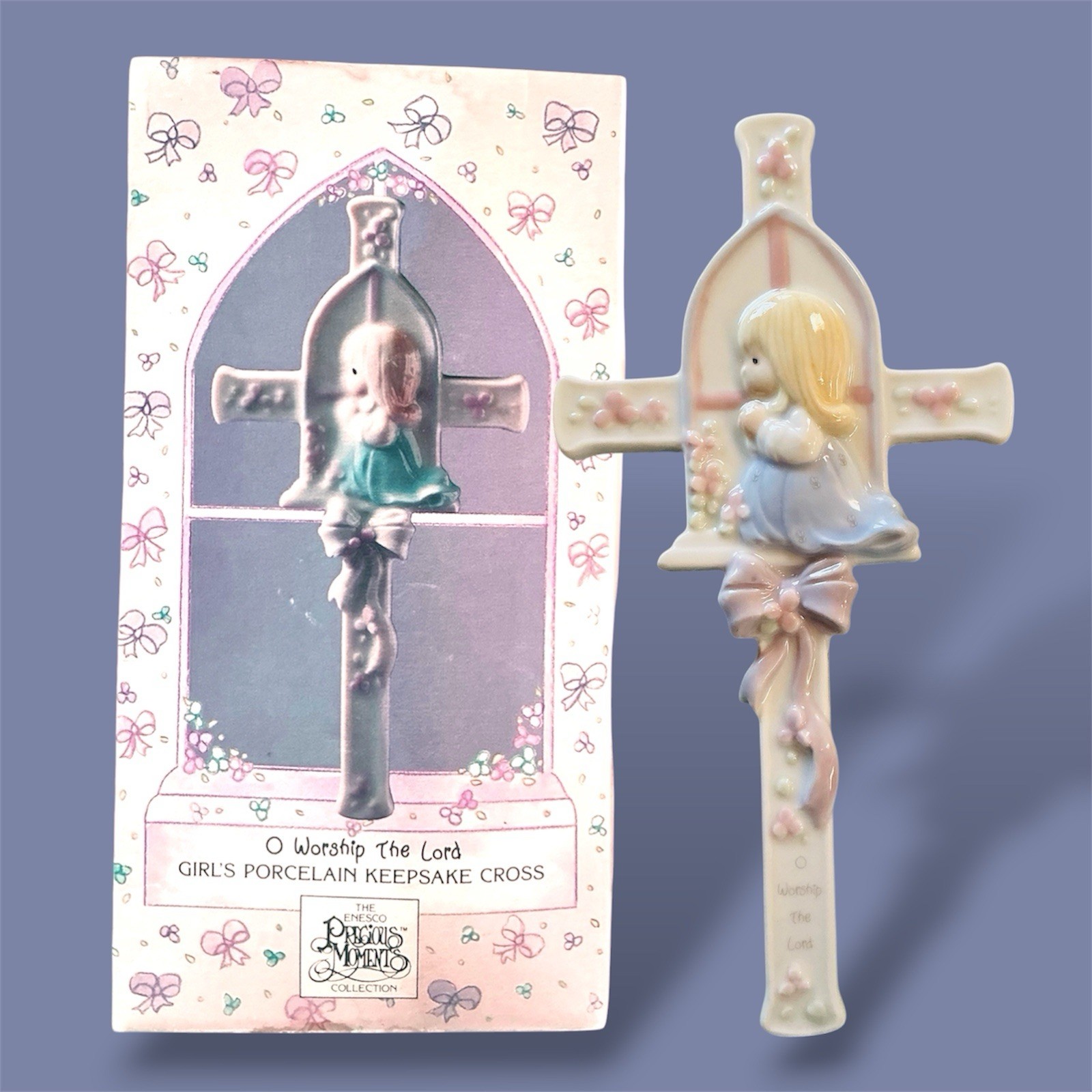 VTG 1990 Precious Moments Enesco Porcelain Keepsake Cross Praying Girl w/box