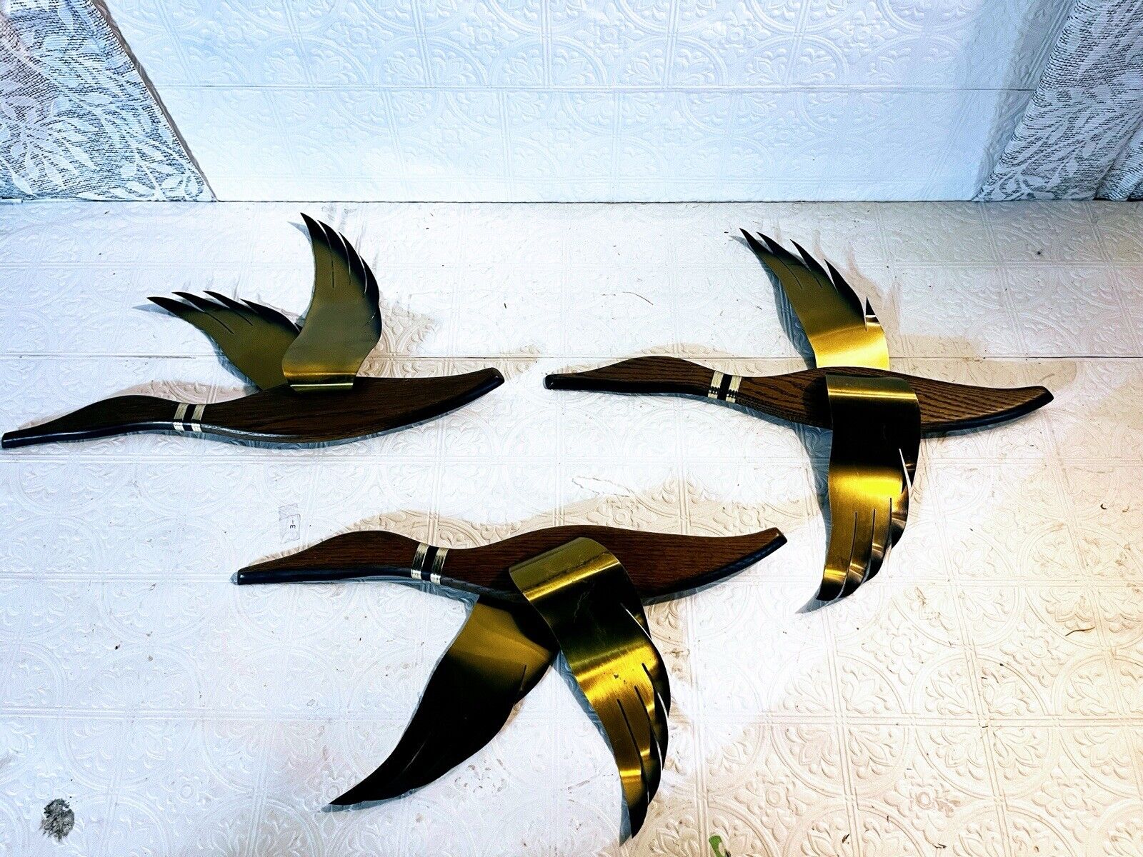MCM Brass & Wood Flying Geese In Formation Complete Wall Art Set