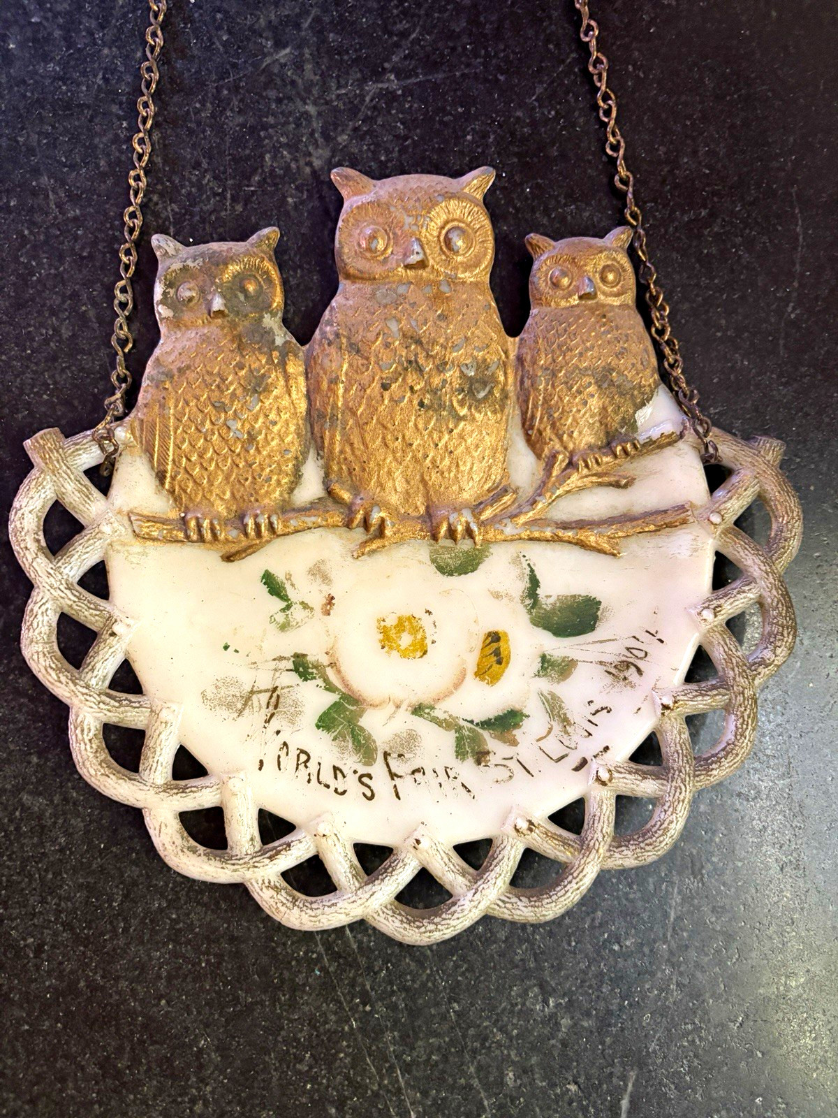 Antique 1904 St Louis Worlds Fair Souvenir 3 Owls Milk Plate with Hanging Chain