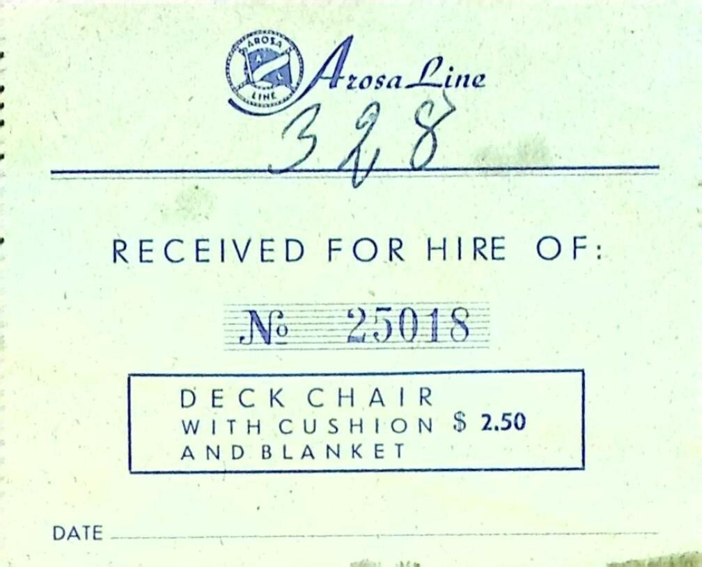 Vintage Arosa Line Deck Chair Rental Receipt - Cruise Memorabilia