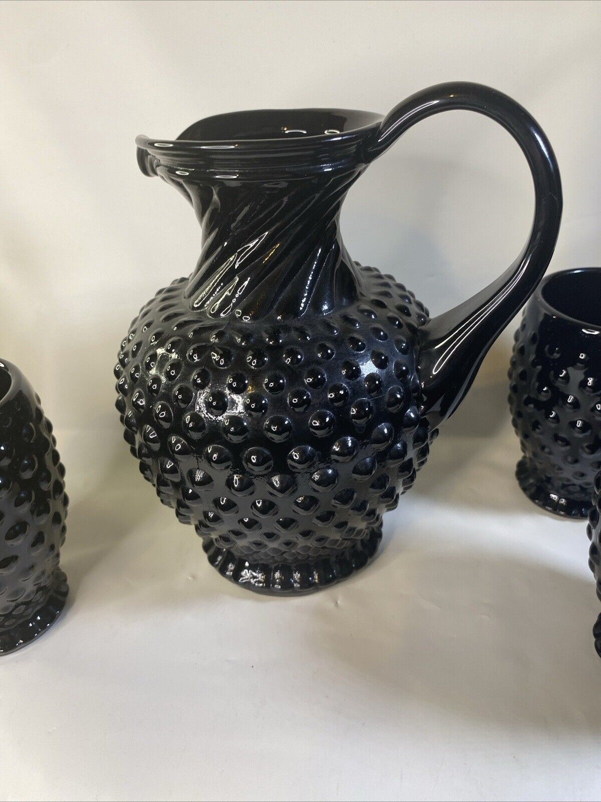 Tiara Hobnail Black Pitcher with 4 Glasses Tumblers Textured Glossy Vintage