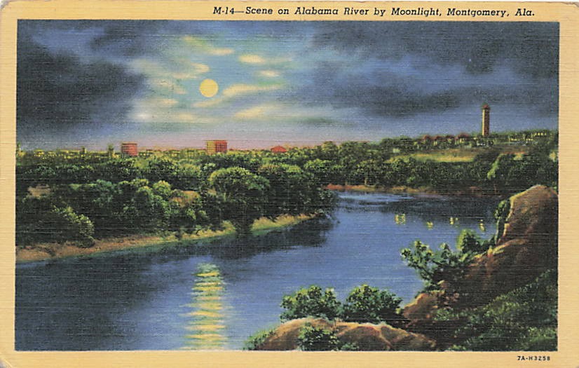 Postcard AL: Alabama River by Moonlight, Montgomery, Linen 1940's