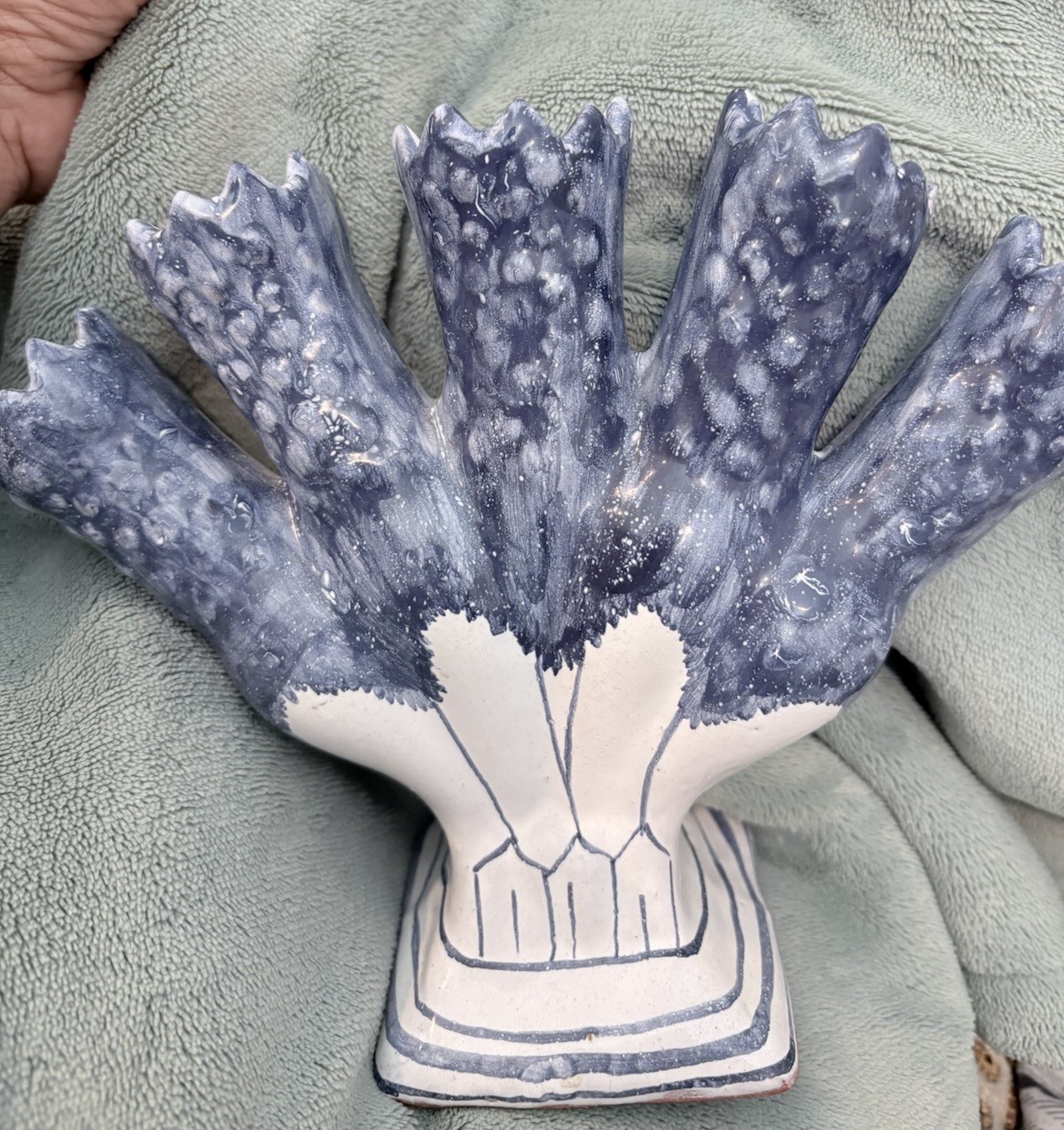 Vintage Five Finger Blue and White Tulip Vase Made in Portugal