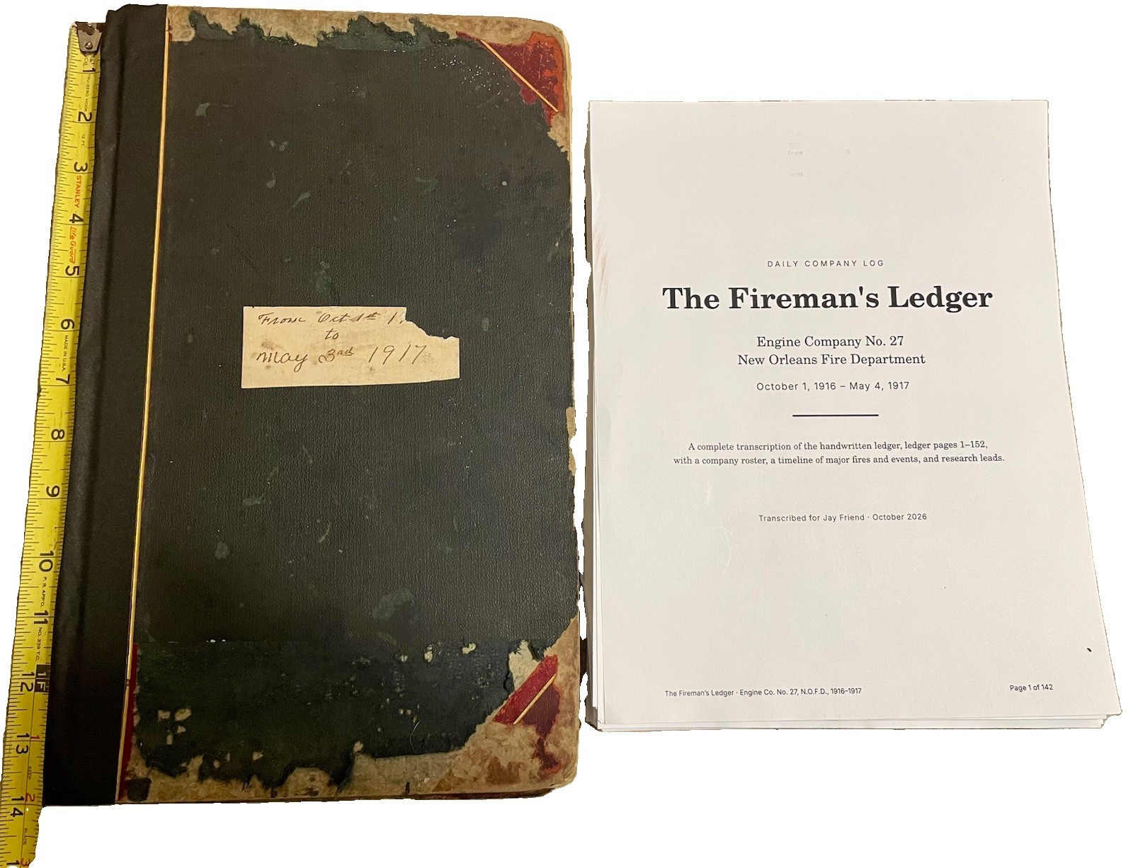 OOAK Horse Drawn Fire Engine Co 27 Firehouse Diary  Ledger New Orleans 1916 NOFD