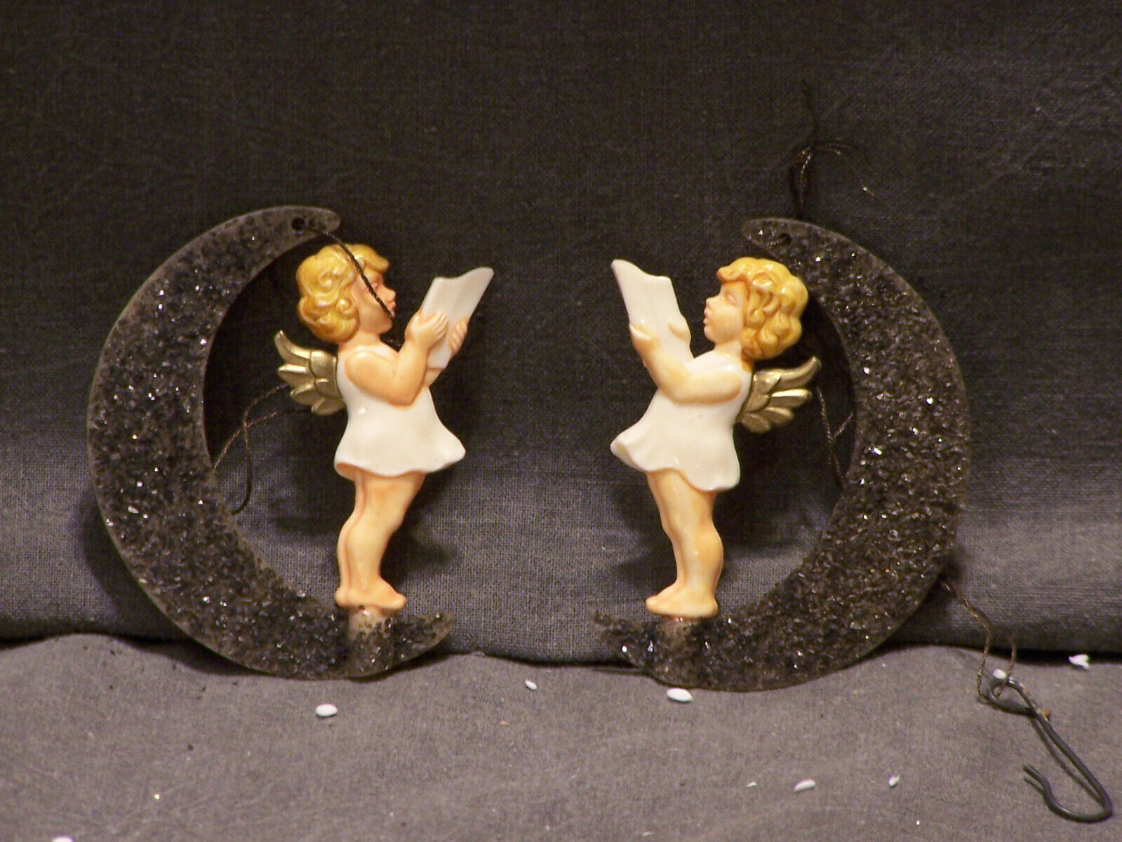 2 Antique German Celluloid Plastic Angel On Crescent Moon Christmas Ornaments