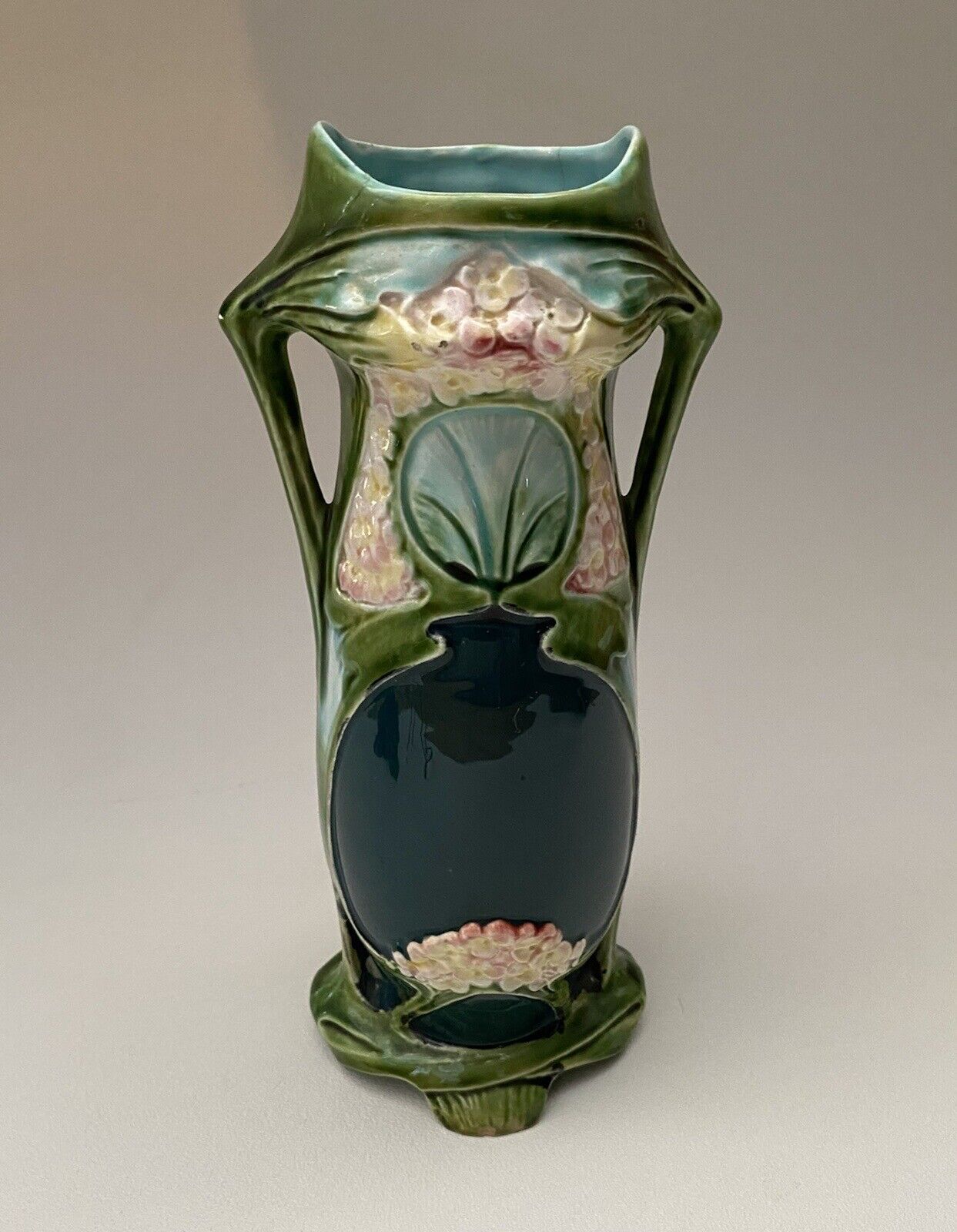 Antique Art Nouveau Majolica 9” Vase