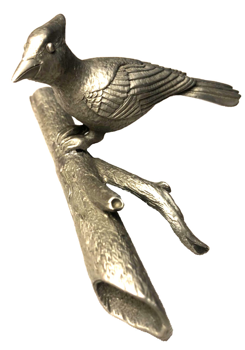 Pewter Cardinal on a Log Figurine Handcrafted Paperweight Detailed Sculpture A2