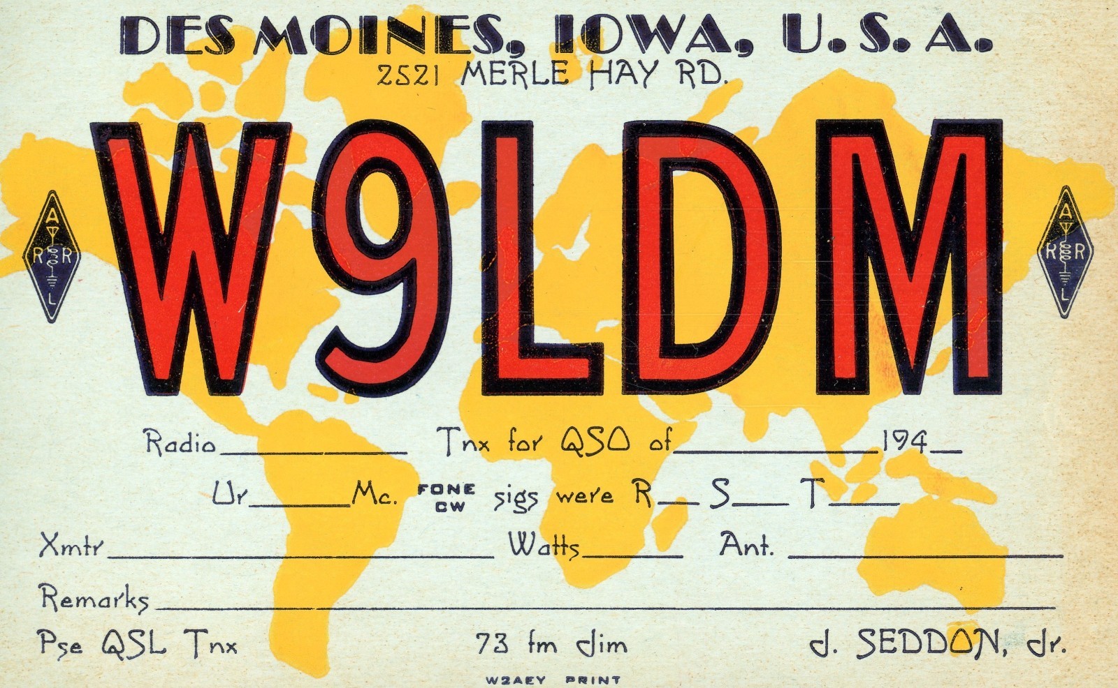 Vintage Amateur Radio QSL Printer\'s Sample, 1940\'s, W9LDM, Des Moines, IA