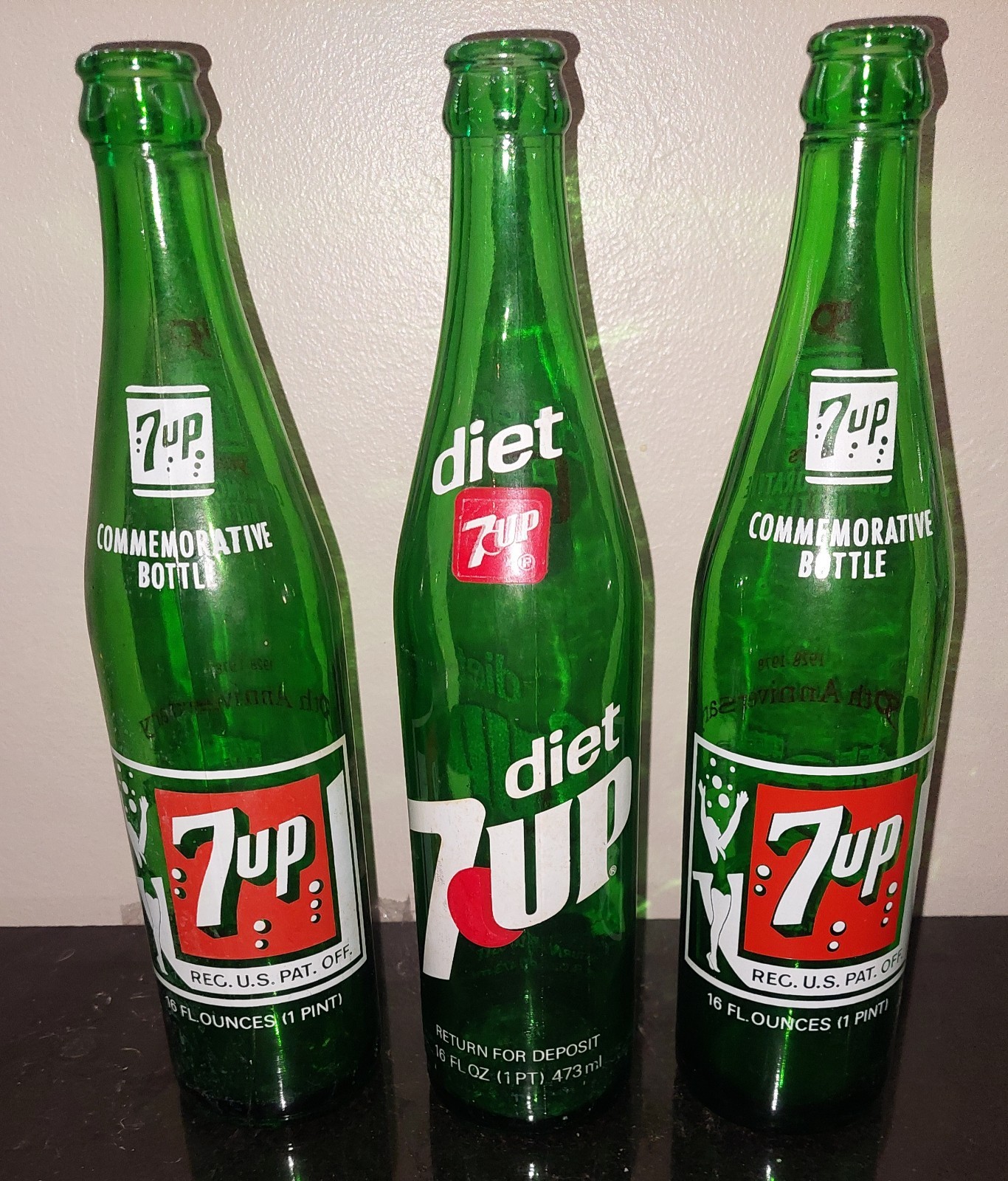 Vintage 50th Anniversary 7up Bottles (2) & (1) Diet 7up Bottle 16oz