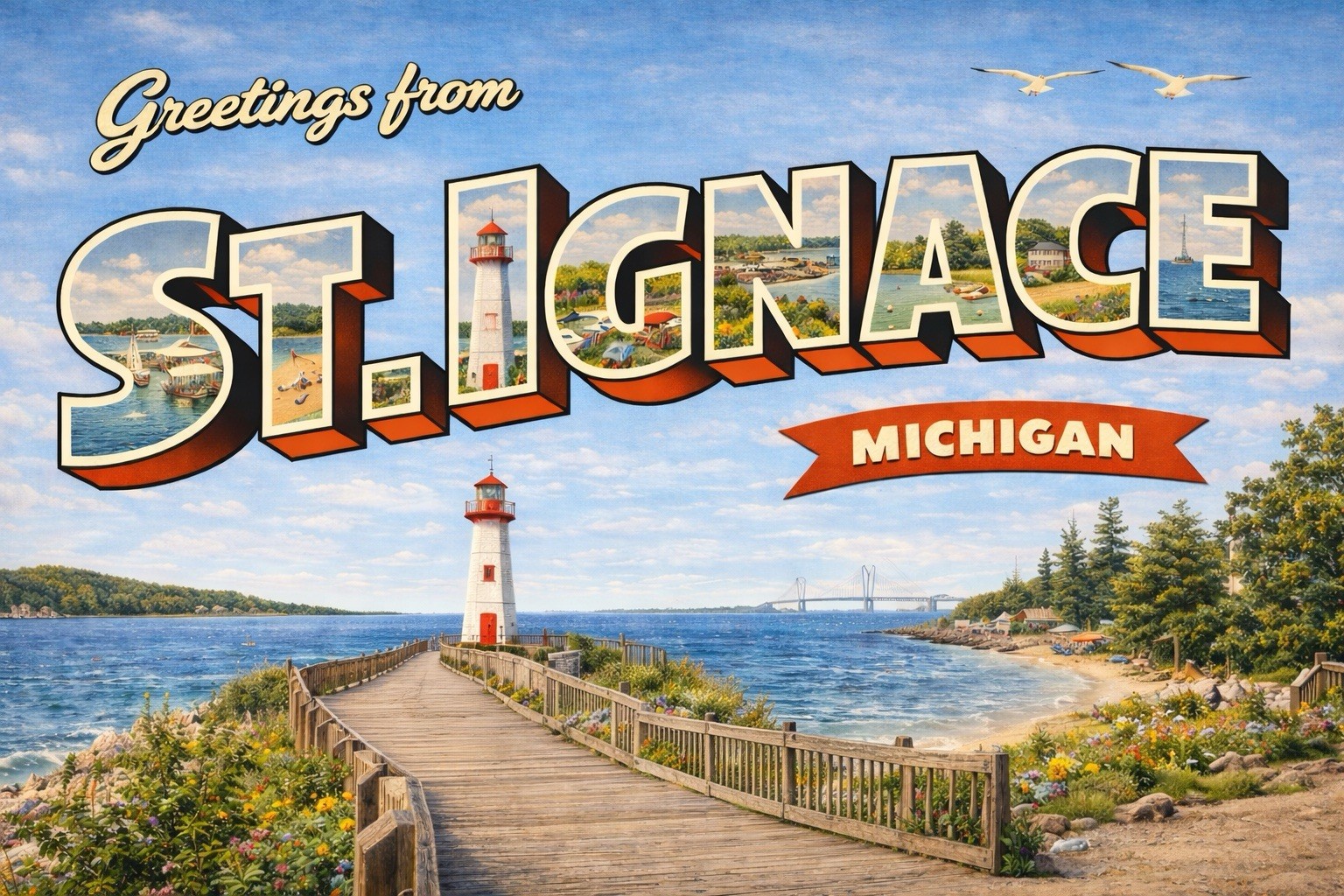 Greetings From St. Ignace, MICHIGAN Modern Postcard A486
