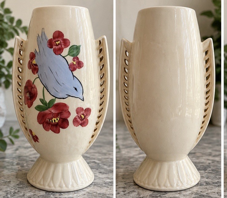 1940s Vintage Norton Vase Cleveland Ohio Bird Floral Art Pottery Pierced Handles