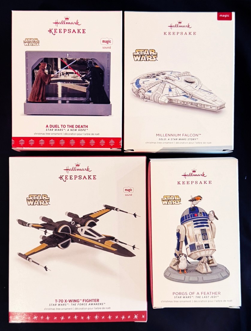 Hallmark Star Wars Duel, Millenium Falcon, T-70 X-Wing, Porgs Lot of 4D