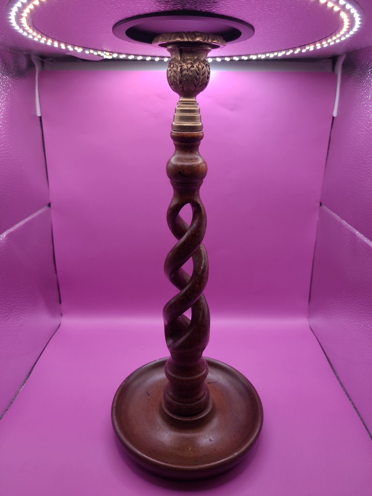 Antique / Vintage English Oak & Brass Open Barley Twist Candlestick Holder