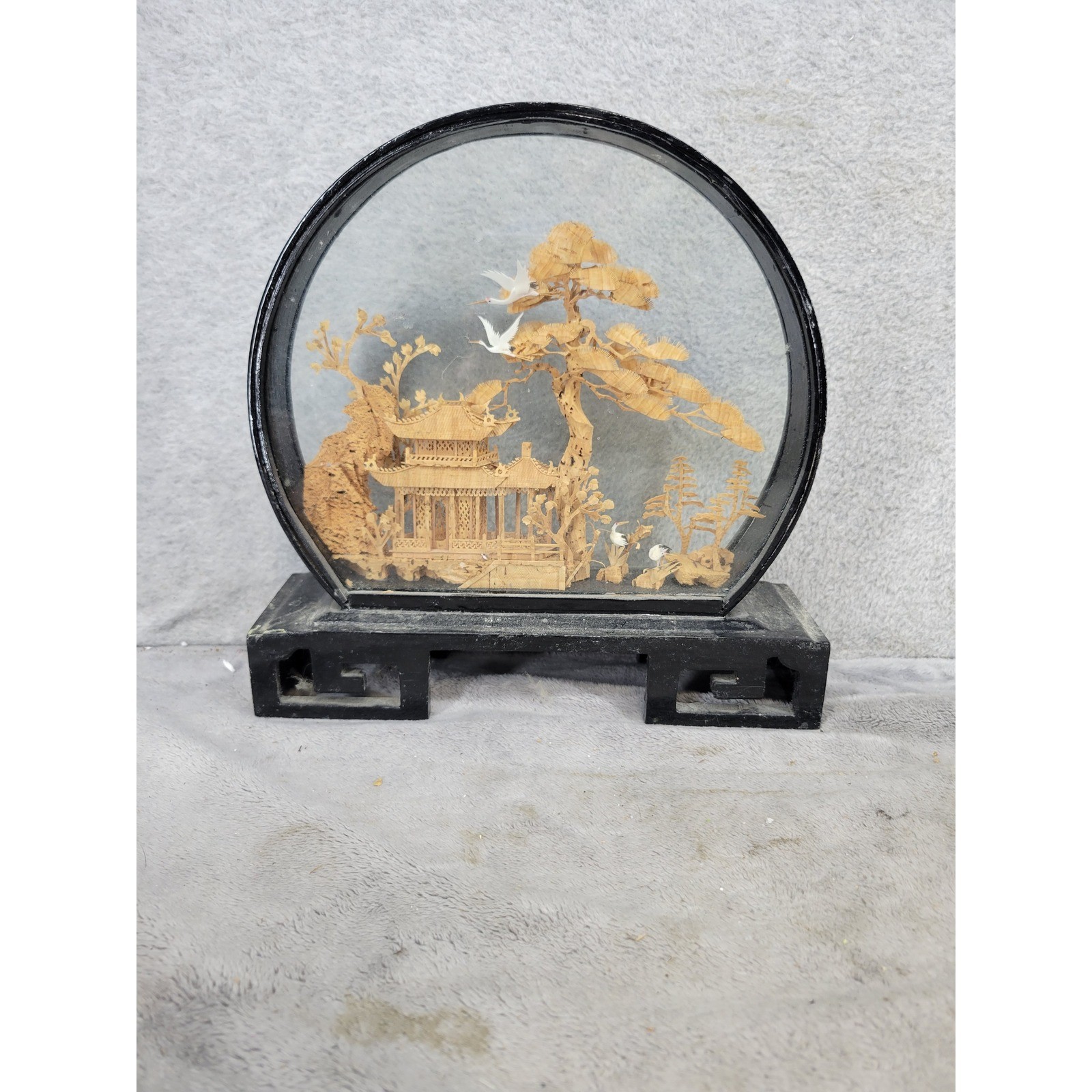Vintage Chinese Cork Carving Diorama Pagoda Crane Shadow Box 8.5\