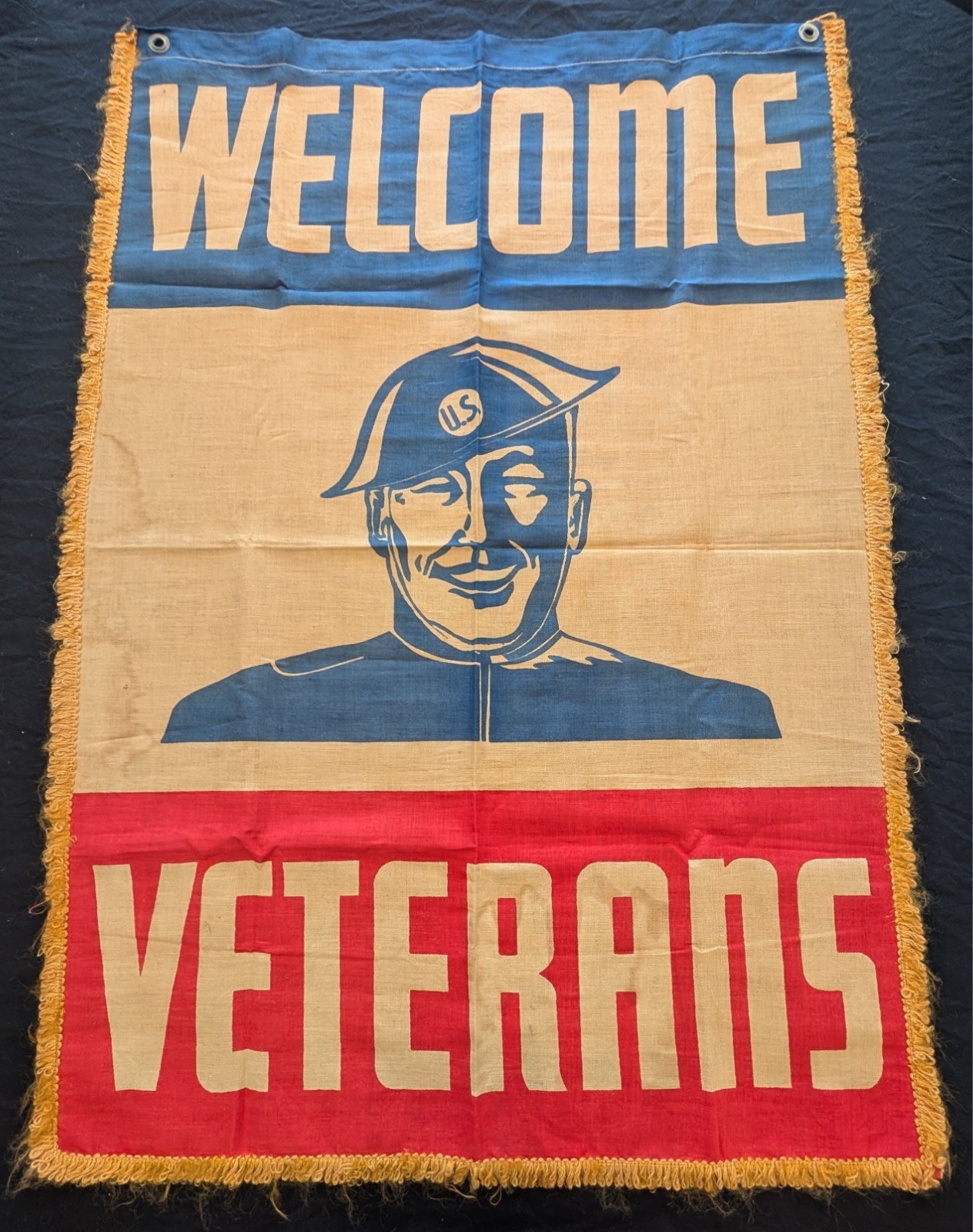 Vintage WWII Welcome Veterans Cloth Banner Military Homecoming 35x24 Vintage WWII Welcome Veterans Cloth Banner Military Homecoming 35x24