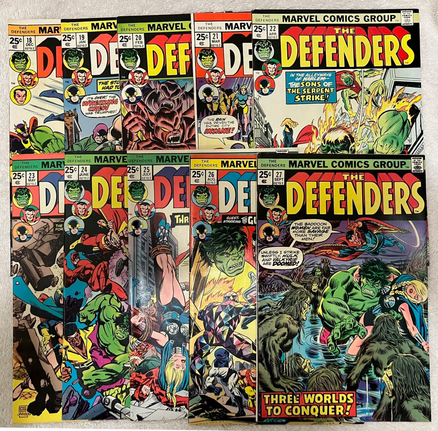 Defenders lot, # 18-27 complete run. Grades range from F to VF+. Wrecking Crew.
