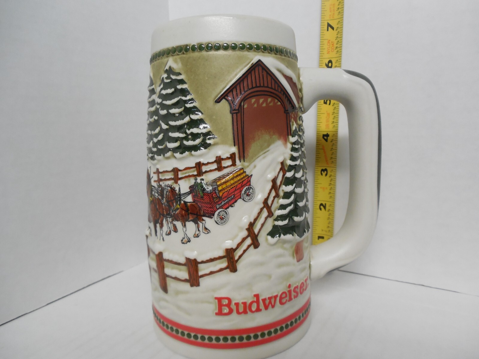 1984 Budweiser Holiday Stein - Clydesdales / Covered Bridge - Ceramarte / Brazil