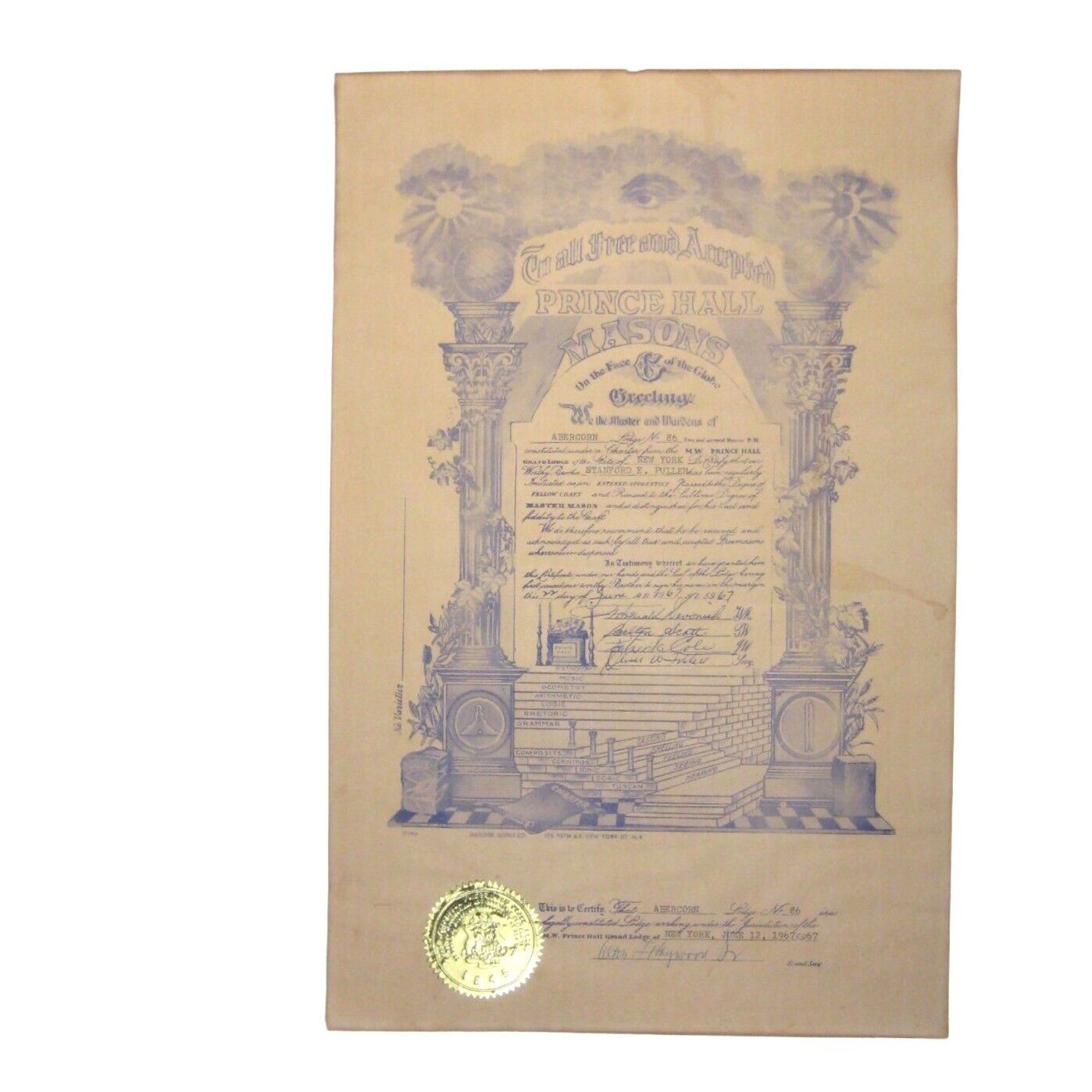 Prince Hall Lodge 86 Abercorn Framed 1967 Certificate Masons