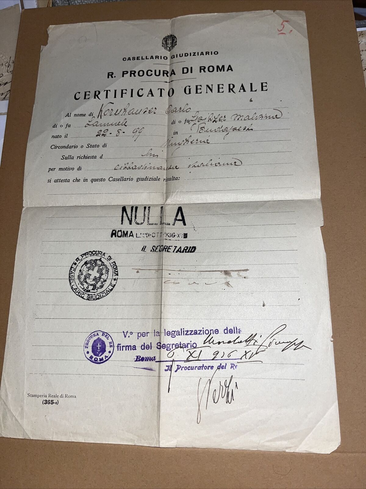 Vintage Italian Certificate: Criminal Record for the Rome Prosecutor's Office