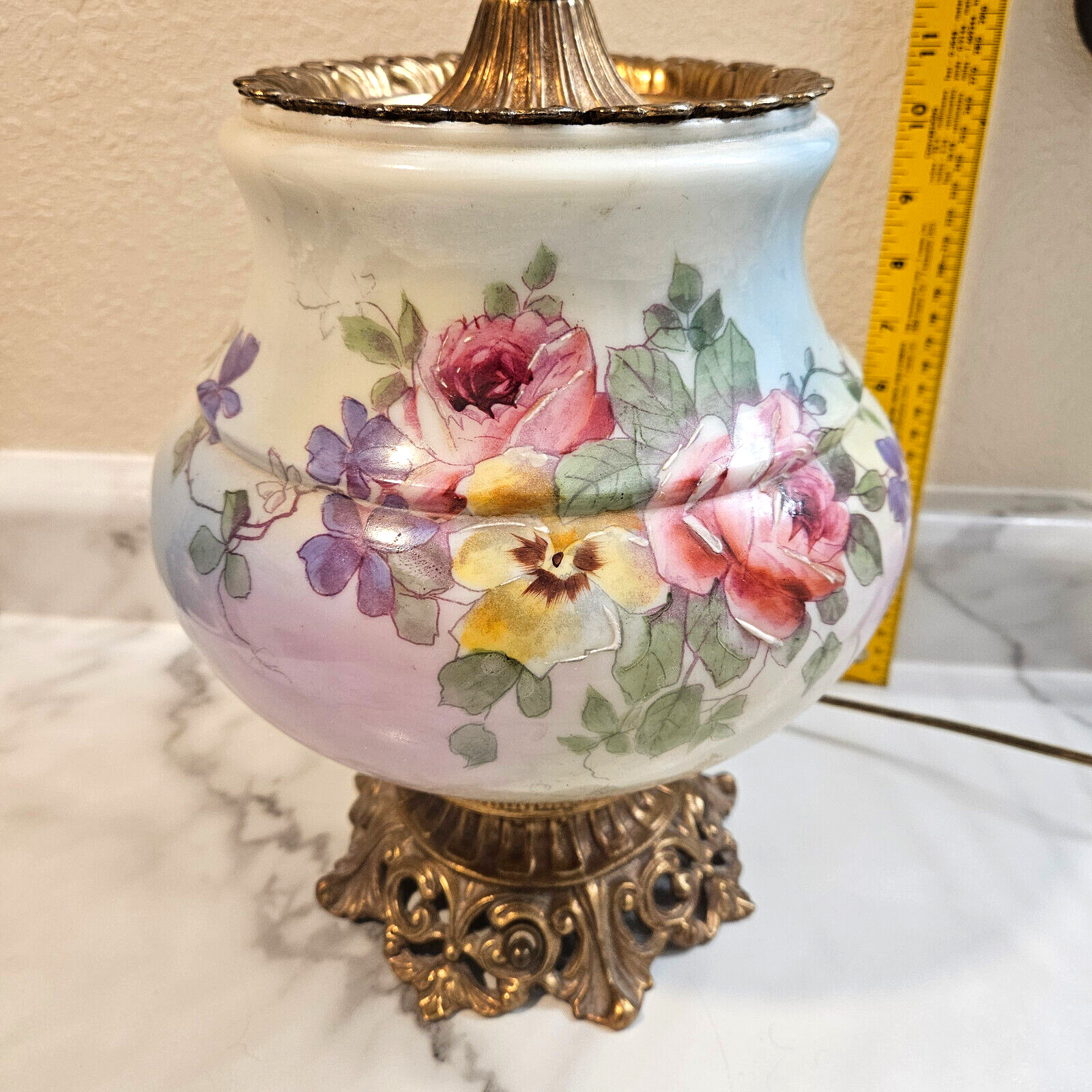 Vintage Hurricane Lamp Electric Floral Design Hand Painted