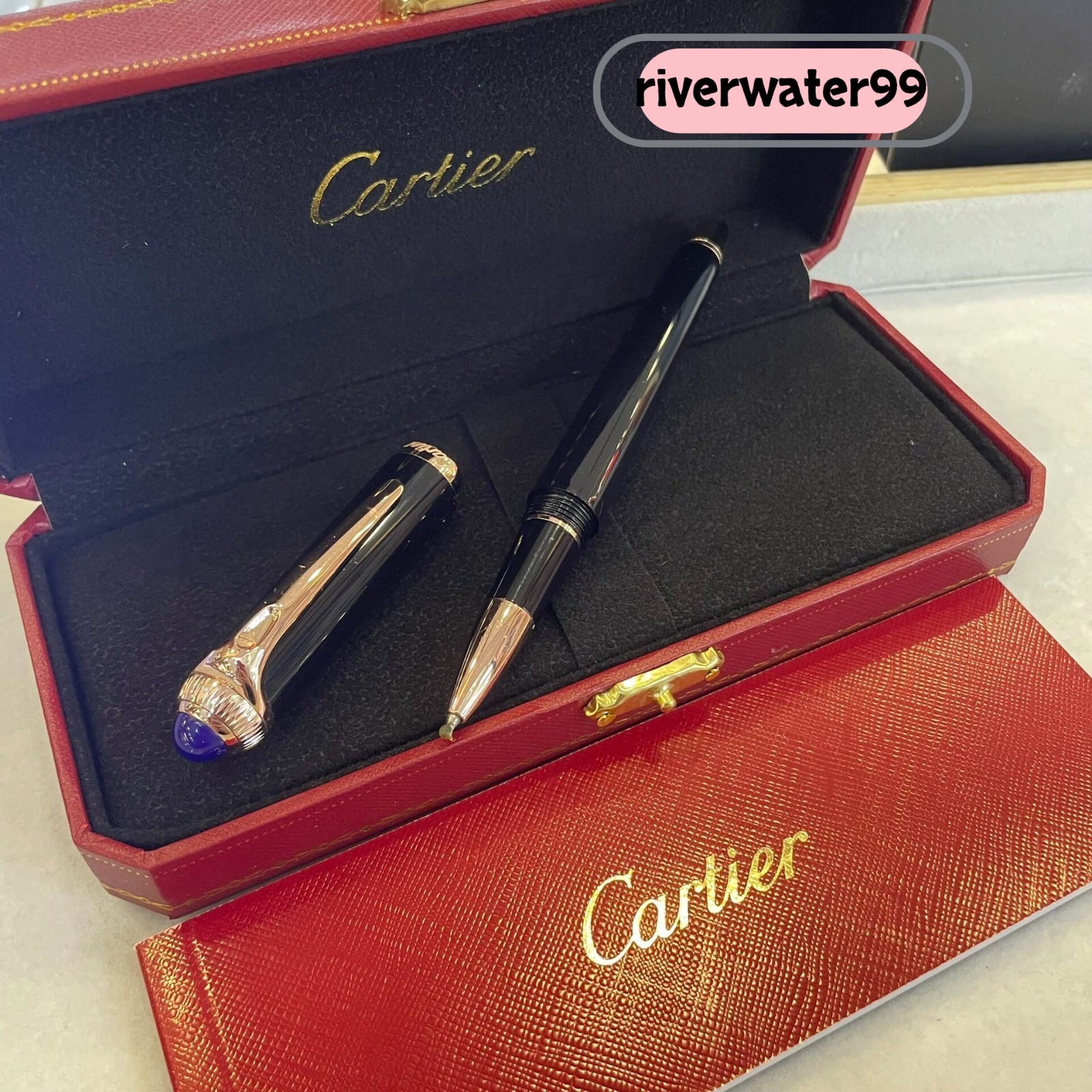 Cartier Black Lacquer Rose Gold Trim Rollerball Pen Blue Gem Cap Top Gift Box