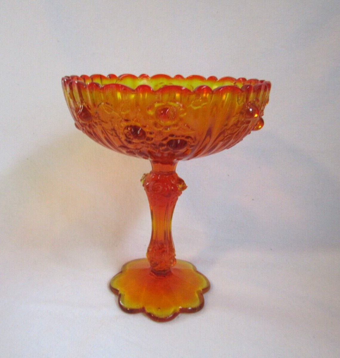 VINTAGE FENTON ART GLASS ORANGE PEDESTAL CABBAGE ROSE COMPOTE CANDY DISH GLOWS
