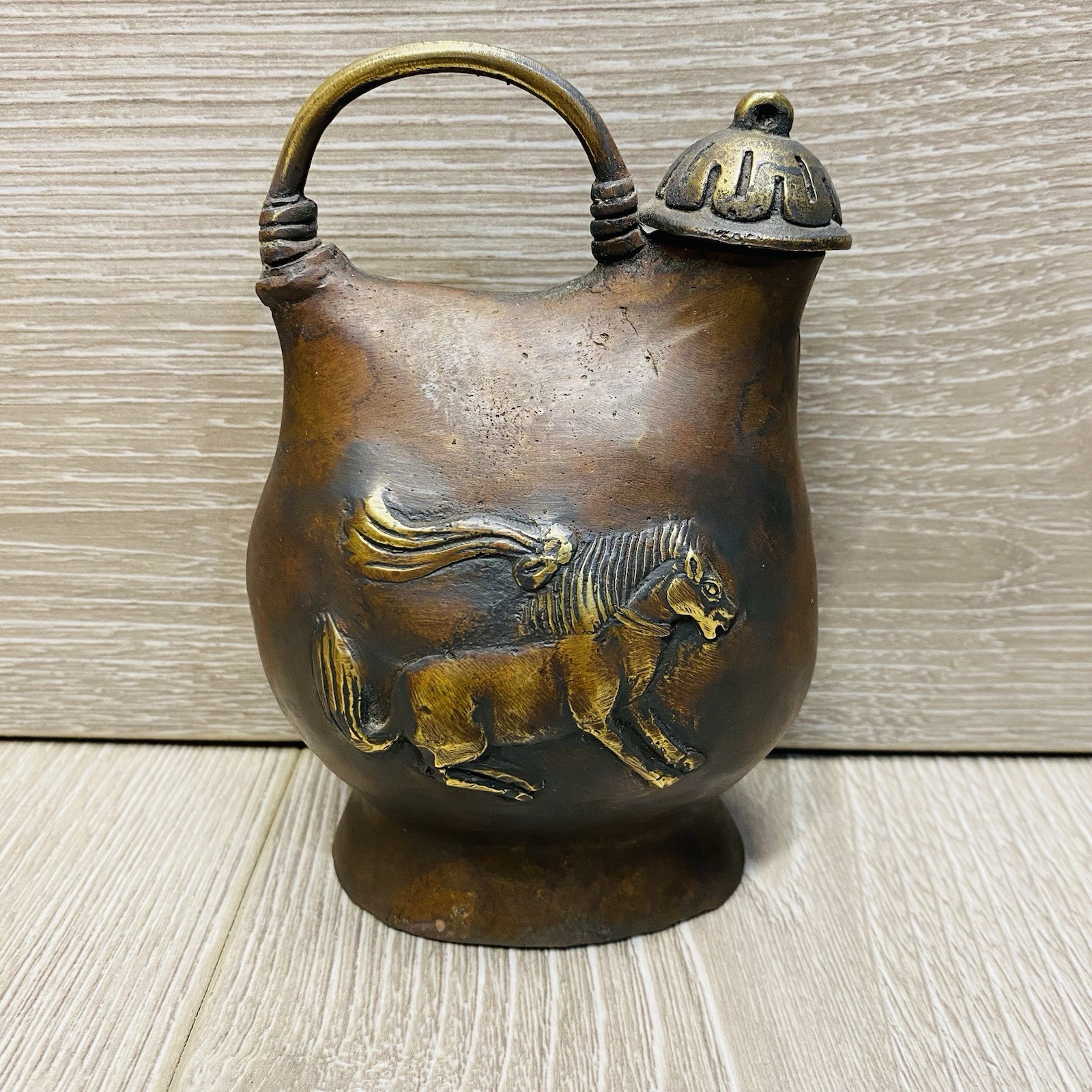 Vintage Chinese Horse Motif Tea Kettle - Souvenir Copper Brass Bronze