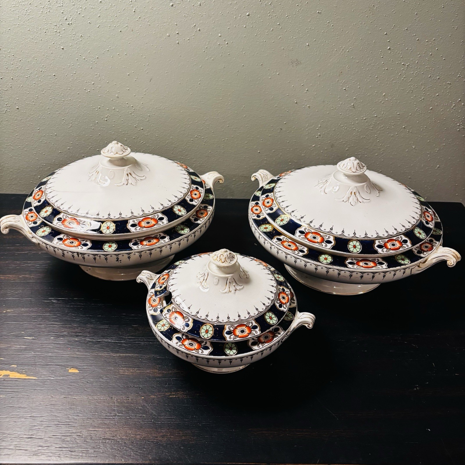 Antique William Hulme Covered Tureen Imari Style Cobalt Blue Orange Gold 687744